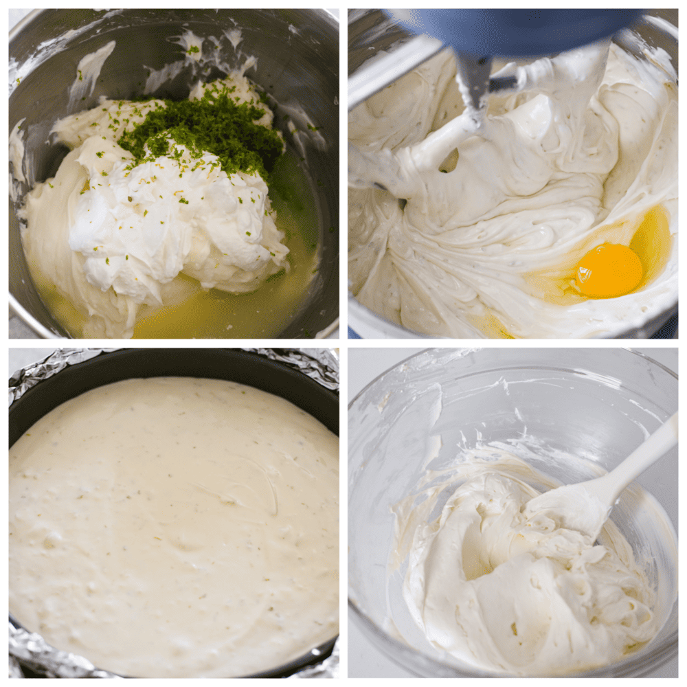 Experience the perfect summer treat with this key lime cheesecake. Made with a scrumptious graham cracker crust and topped with lime zest whipped cream, this creamy but juicy dessert is a refreshing delight! Each bite is the perfect combination of tart and sweet. 4-photo collage of cheesecake filling being prepared.