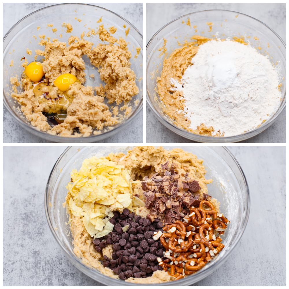 These kitchen sink cookies are the perfect chaotic blend of pretty much everything but the kitchen sink! A chocolate chip cookie is taken to the next level with pretzels, potato chips, and candy pieces. You won't be able to get over how amazing these cookies are! Process photos showing how to mix up the dough.