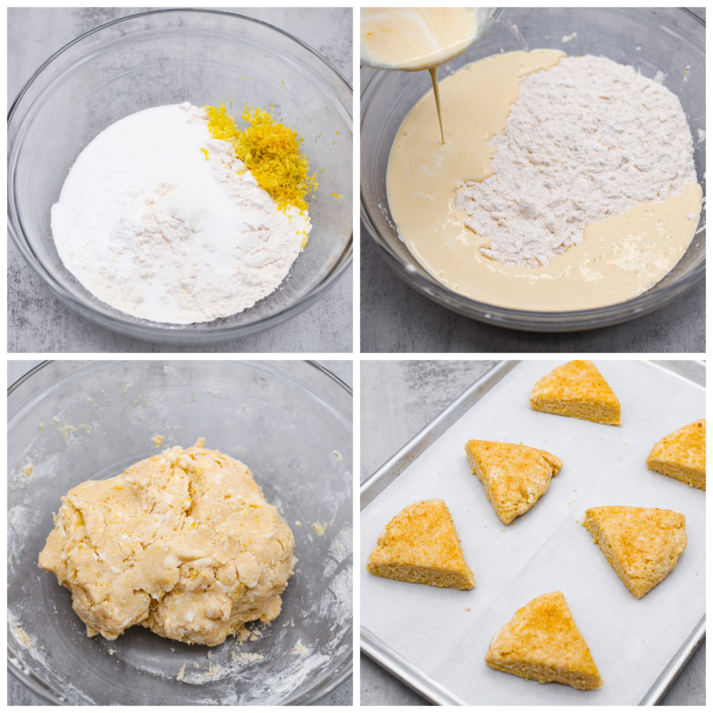 These homemade lemon scones are the perfect balance of tangy and sweet, with a crumbly texture that'll melt in your mouth. And let's not forget about the delicious sweet lemon icing, which is the cherry on top to make them simply irresistible. Having one of these for breakfast is the perfect way to start your day! 4-photo collage of dough being mixed and shaped.