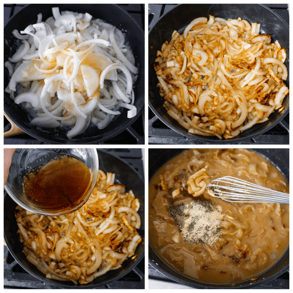 This onion gravy is hands-down the BEST! It's rich, savory and filled with sweet, caramelized onions that really take it to the next level. 4-photo collage of onions being caramelized and combined with the other ingredients.