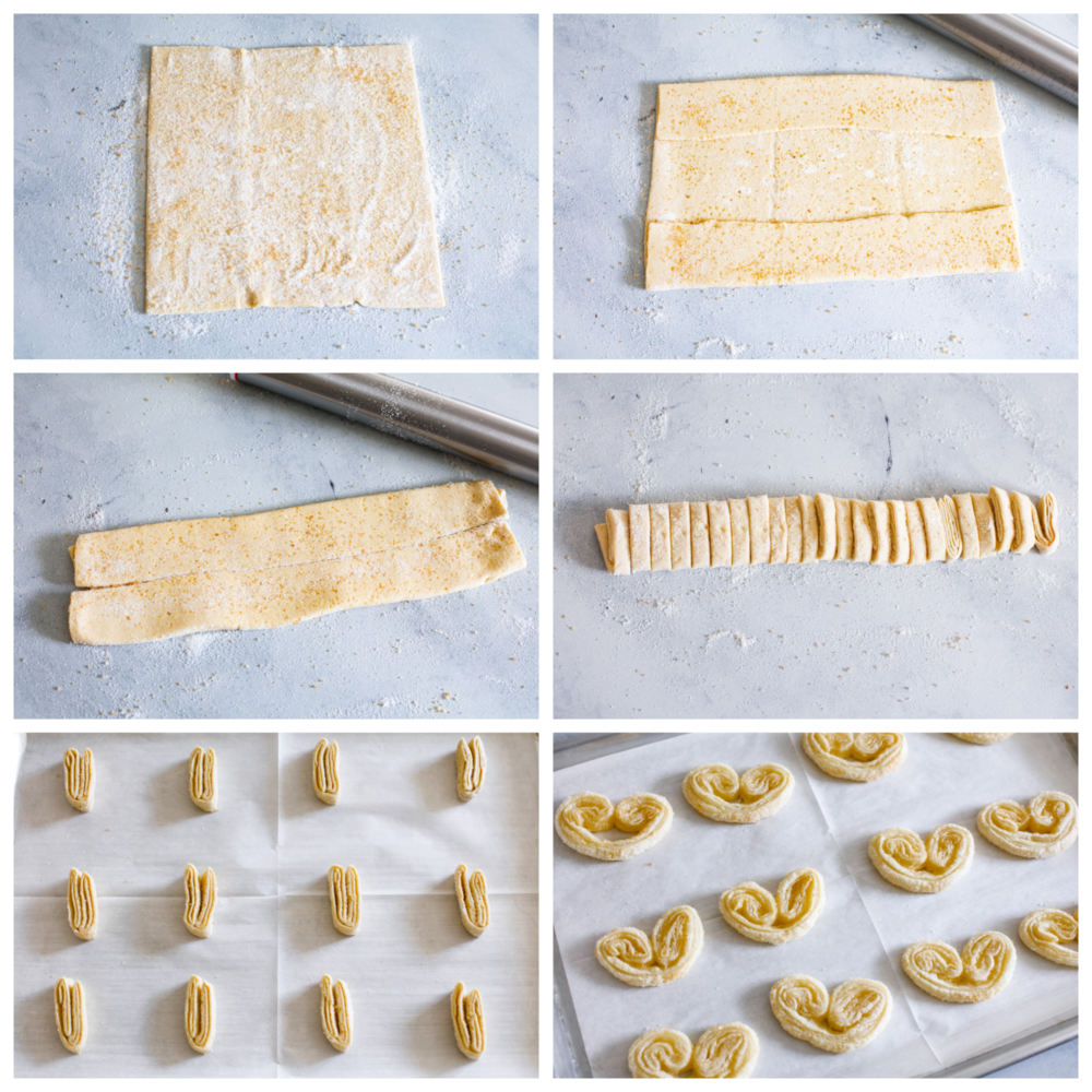 Palmiers, or "palm trees" in French, are a delightful pastry shaped like a palm leaf. With a buttery, flaky texture that's impossible to resist, enjoy one fresh out of the oven and prepare to be amazed. 6-photo collage of puff pastry sheets being topped with sugar and cut into slices.
