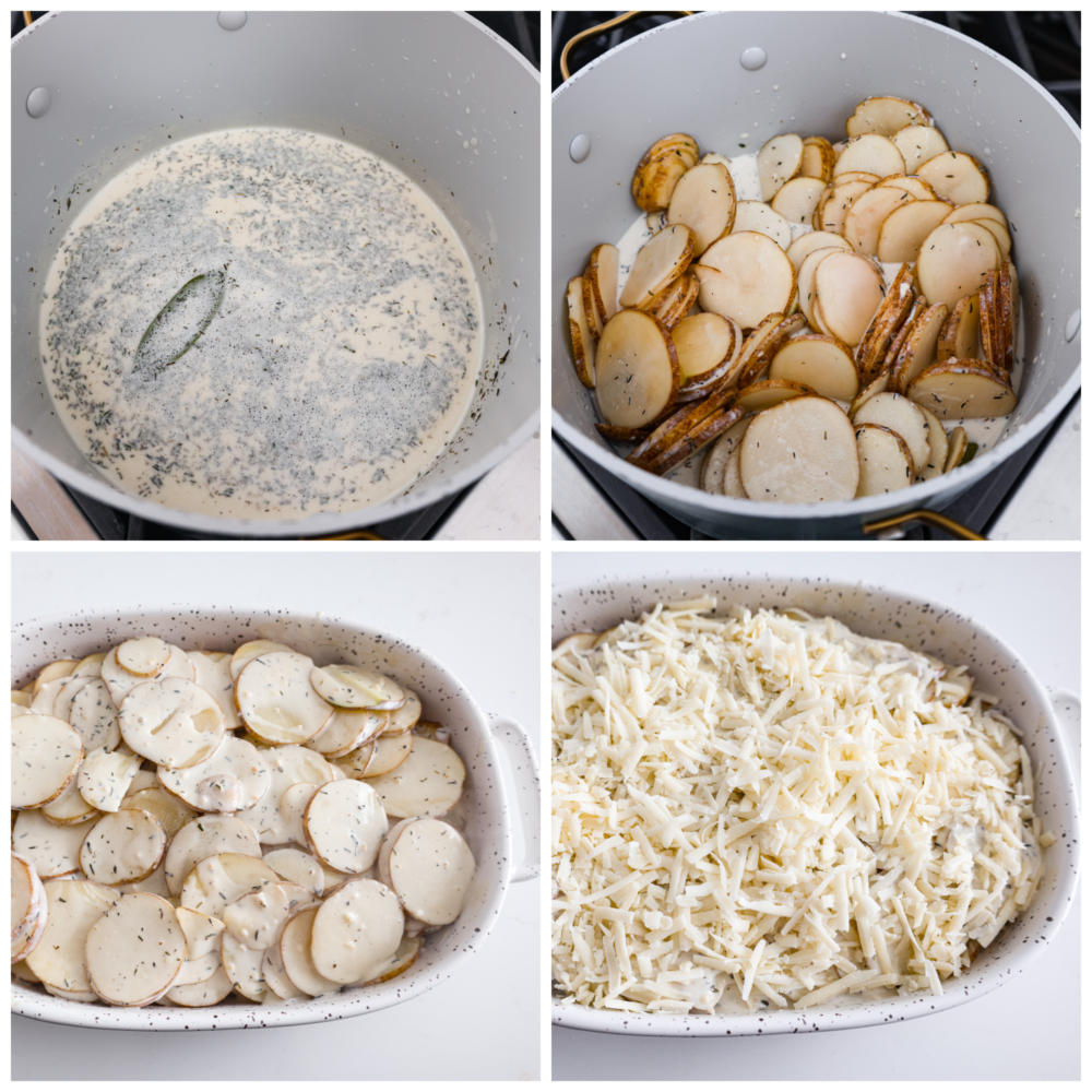 Scalloped potatoes are thinly sliced layered potatoes baked in a creamy garlic and herb sauce, making them tender and flavorful. Hearty and easy to make, this is the perfect side dish to any meal! 4-photo collage of potatoes and sauce being prepared.