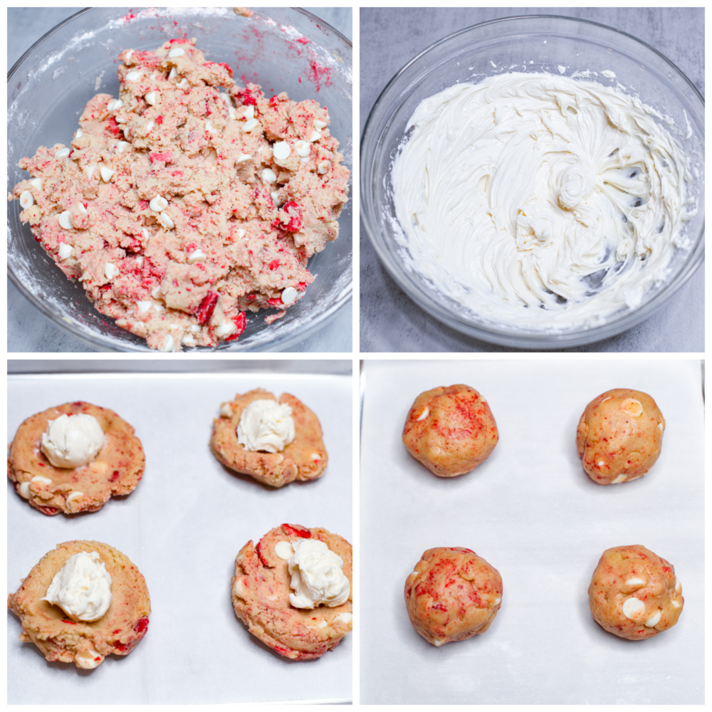 Meet your new favorite cookie recipe: soft and sweet strawberry cookies filled with a gooey cheesecake center. These golden-brown morsels of goodness will be devoured as soon as theyโre out of the oven! 4-photo collage of cookie dough and cheesecake filling being prepared, and cookies assembled.