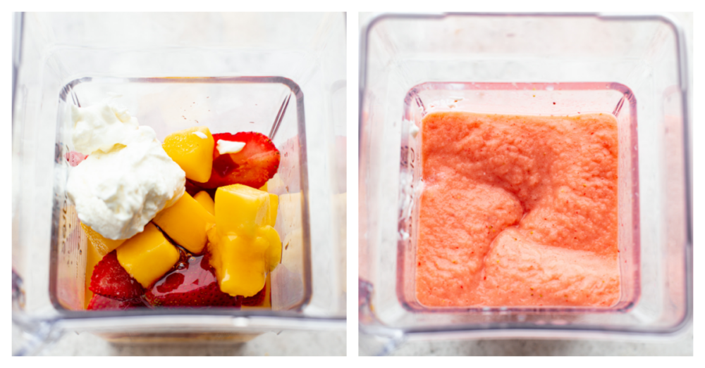 This delightful Strawberry Mango Smoothie recipe is a burst of tropical flavors that will transport you to paradise. With just a handful of ingredients and a blender, you'll be sipping on this refreshing treat in no time. The top view of a blender with smooth ingredients.