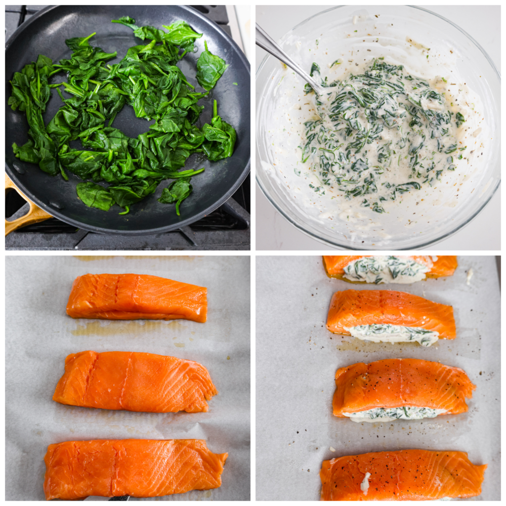 This spinach stuffed salmon is a flavor explosion, with the creamy richness of the cheese and the earthy goodness of the spinach perfectly complementing the tender, flaky salmon. It's a restaurant-quality meal that's ready in just 45 minutes! 4-photo collage of spinach being cooked, the filling mixture being prepared, then added to the inside of each salmon filet.