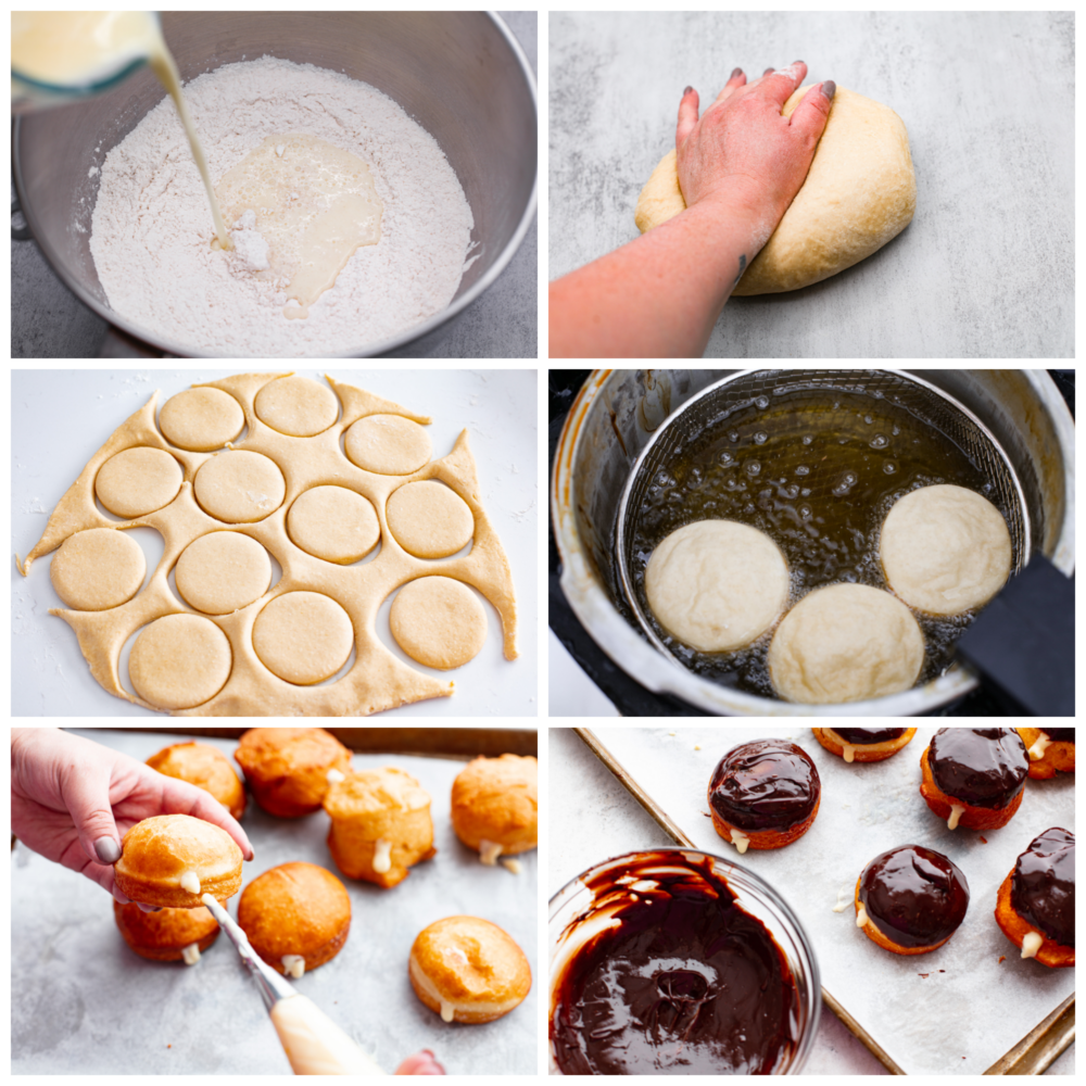 Treat yourself to a batch of homemade Boston Cream Donuts covered in chocolate ganache. These delightful treats are made from scratch and create an irresistible combination of fluffy donuts, creamy filling, and delicious chocolate topping. A collage of 6 photos showing how to mix the dough, knead it, cut it, cook it and add in the cream and topping.