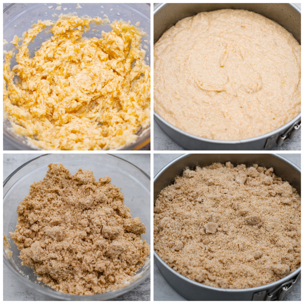 Banana coffee cake is a great way to use up any overripe bananas you might have lying around! With a moist, fluffy, vanilla banana-flavored interior and a buttery streusel topping, this is a unique twist on coffee cake that will have you hooked after the first bite! 4-photo collage of cake and streusel being prepared.