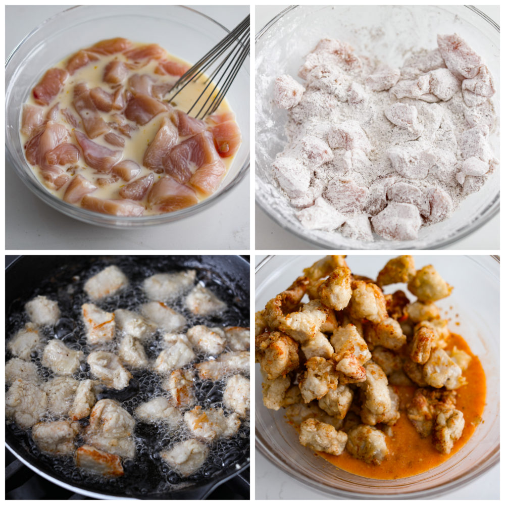 Bring a bang to your dinner table with this explosive bang bang chicken! Itโs crispy but tender and coated in a thick, creamy sauce thatโs savory, spicy, and sweet all at once! 4-photo collage of chicken being battered and fried.