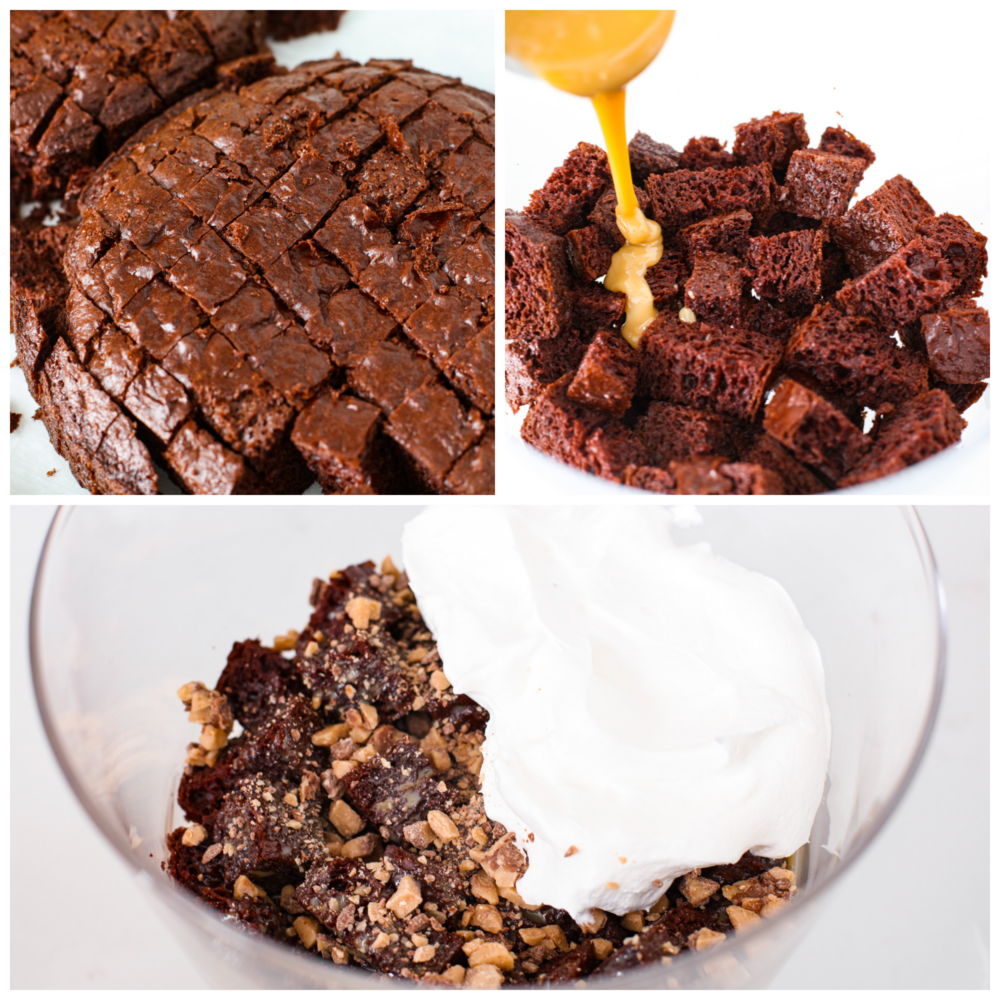 A classic English dessert that is every chocolate loverโs dream! This chocolate trifle is made with layers of devilโs food cake, caramel sauce, whipped cream, and toffee bits that will have you savoring each and every bite. 3-photo collage of chocolate trifle being put together.