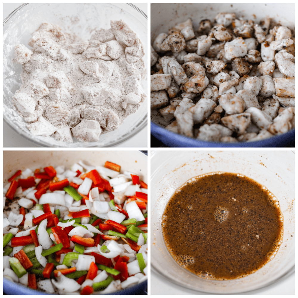 If you want to add a burst of flavor to weeknight dinners, this Chinese-inspired black pepper chicken is the perfect recipe to try! With its amazing homemade sauce, each bite is packed with savory, peppery, and slightly tangy flavors that will leave your mouth watering. 4-photo collage of chicken being coated in cornstarch, veggies being cooked, and sauce ingredients being mixed together.