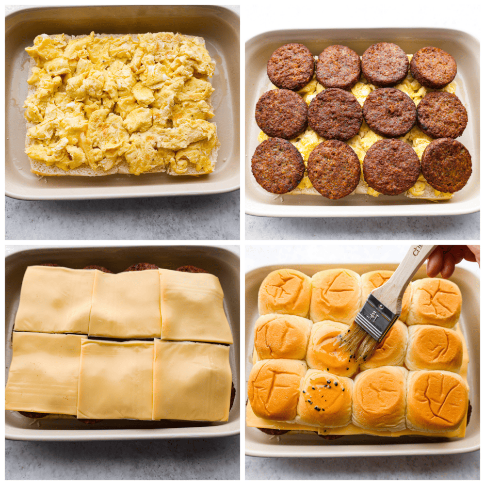 Hawaiian rolls filled with juicy sausage patties, scrambled eggs, and melty cheese, slathered in everything bagel butter. These breakfast sliders are so simple, so delicious, and perfect for feeding a crowd. 4-photo collage of sliders being prepared.