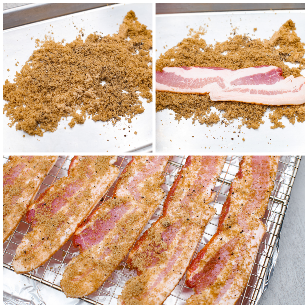 Once you try candied bacon, you wonโt want it any other way. Thick-cut slices of bacon in a caramelized brown sugar coating, topped off with a pinch of black pepper and cayenne - what could be better? Itโs a flavor combination you wonโt be able to stop thinking about. 3-photo collage of bacon slices being coated in brown sugar.