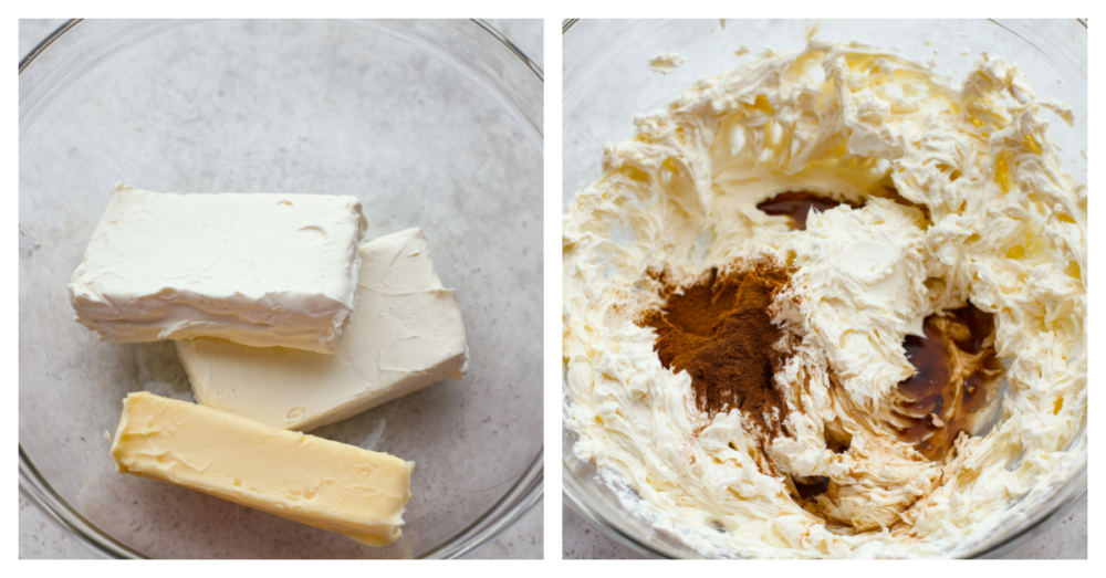 Whip up this simple cinnamon cream cheese frosting in less than 5 minutes! It's velvety smooth and once you add it to your cake or cupcakes for a delightful treat, everyone will be asking for seconds. 2 pictures showing the ingredients being added and mixed to a glass bowl.