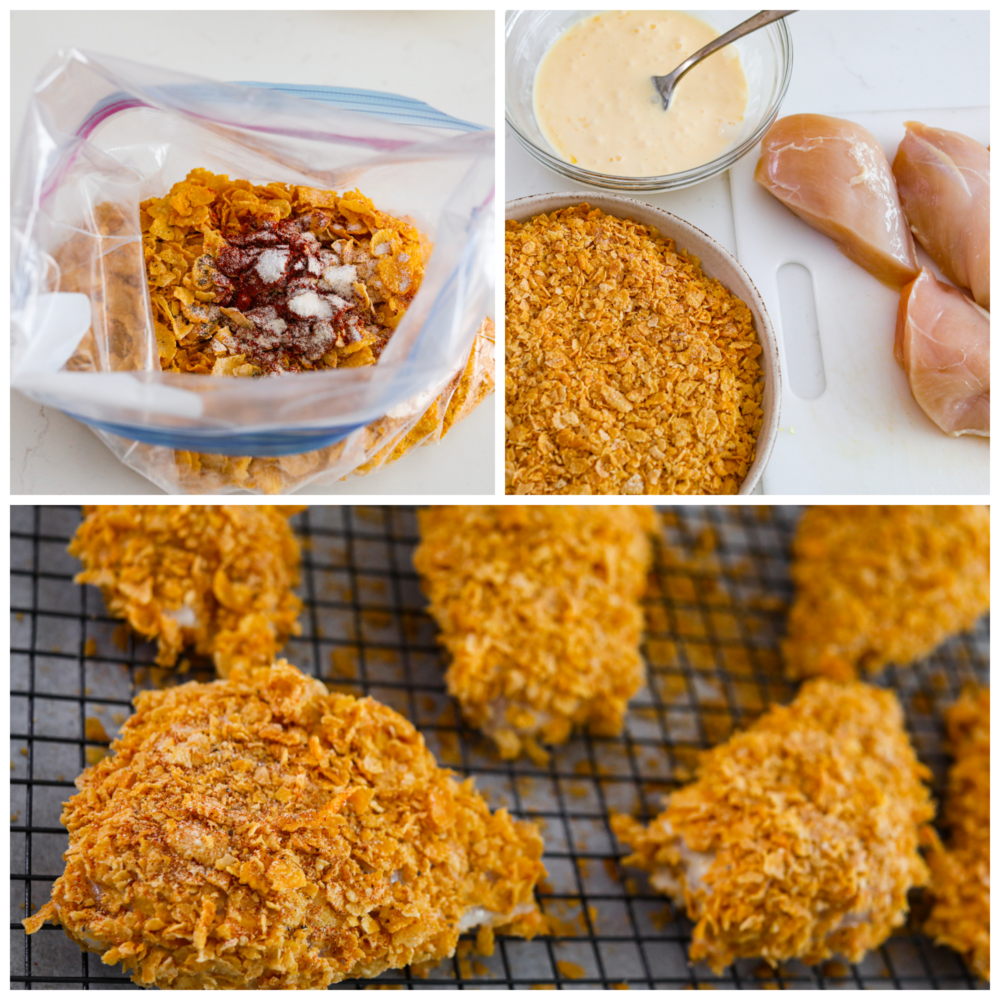 Ultra crispy-and so delicious, cornflake chicken is just the easy you dinner you need this week! Each chicken breast is coated in cornflakes and savory seasonings for both the best texture and flavor! 3-photo collage of the chicken being coated with the breading.