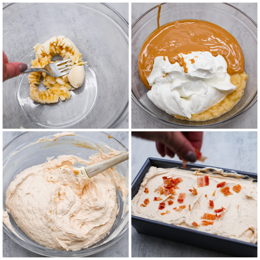 Keep your pup cool and happy this summer with a scoop of dog ice cream! This frosty treat is made with peanut butter, banana, and plain yogurt, topped with crispy bacon bits. Your fur baby won't be able to get enough. 4-photo collage of the dog ice cream mixture being added to a pan and topped with bacon bits.