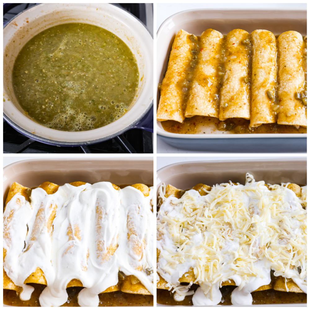 Enchiladas Suizas is a ridiculously delicious Mexican dish that'll make your taste buds go wild! Picture this: juicy shredded chicken wrapped in soft corn tortillas, slathered in a zesty tomatillo sauce, and smothered with creamy sour cream and melty cheese. 4-photo collage of the enchiladas being prepared.