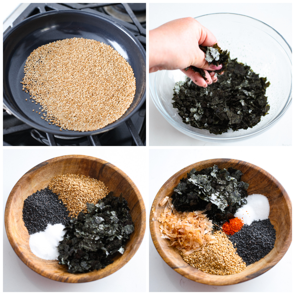 Furikake seasoning is a delightful mix of savory, umami goodness with a hint of saltiness. It's made with a blend of nutty seeds, spices, dried fish, and crispy seaweed- don't knock it 'til you try it! Sprinkle this Japanese condiment over rice, noodles, veggies, or even chips or popcorn to instantly elevate their flavors and add a satisfying crunch. 4-photo collage of sesame seeds being toasted and mixed with the other ingredients.