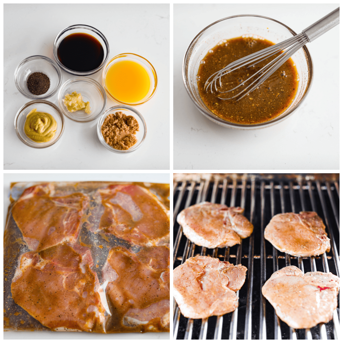 Grilling your pork chops is the best way to make them! These grilled pork chops are marinated until they’re extra flavorful and tender, then cooked to smoky perfection. They’re sure to fly off the table at your next barbecue! 4-photo collage or marinade ingredients being mixed together and pork chops being grilled.