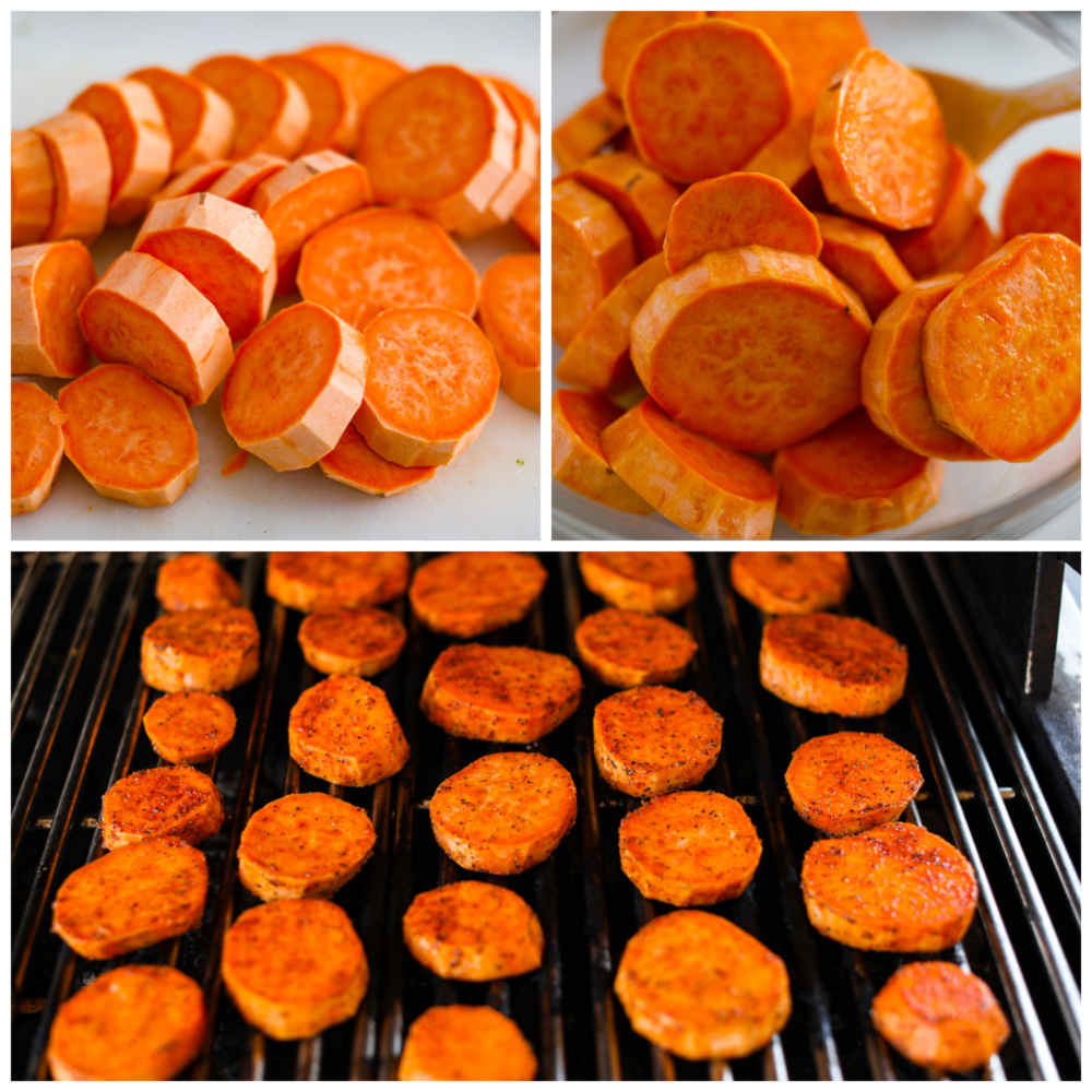 Bursting with flavor and ready in 15 minutes, these grilled sweet potatoes are a must-add to any summer barbecue lineup. Even though they're cooked to smoky perfection, each slice is nice and tender and coated in a tasty blend of savory seasonings. 3-photo collage of sweet potatoes being cut into slices, seasoned, and put on the grill.