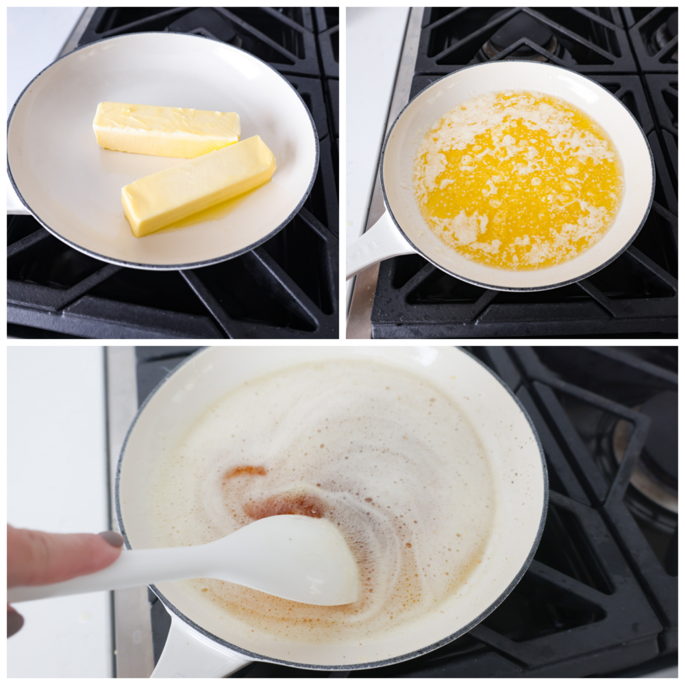 Learning how to brown butter will be your secret weapon in the kitchen! Easily done over the stove, butter slowly melts and releases a nutty toasted flavor that will enhance any sweet or savory recipe. First photo of two sticks of butter in a white skillet. Second photo of butter melted in a skillet. Third photo of butter browning and being stirred with a rubber spatula.