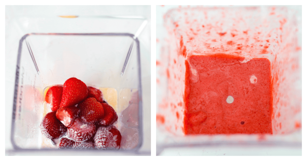 This fruity drink is a version of the Lava Flow cocktail that the whole family can enjoy! It's creamy and refreshing with delicious coconut, pineapple, and strawberry in each sip. 2-photo collage of strawberries being blended.