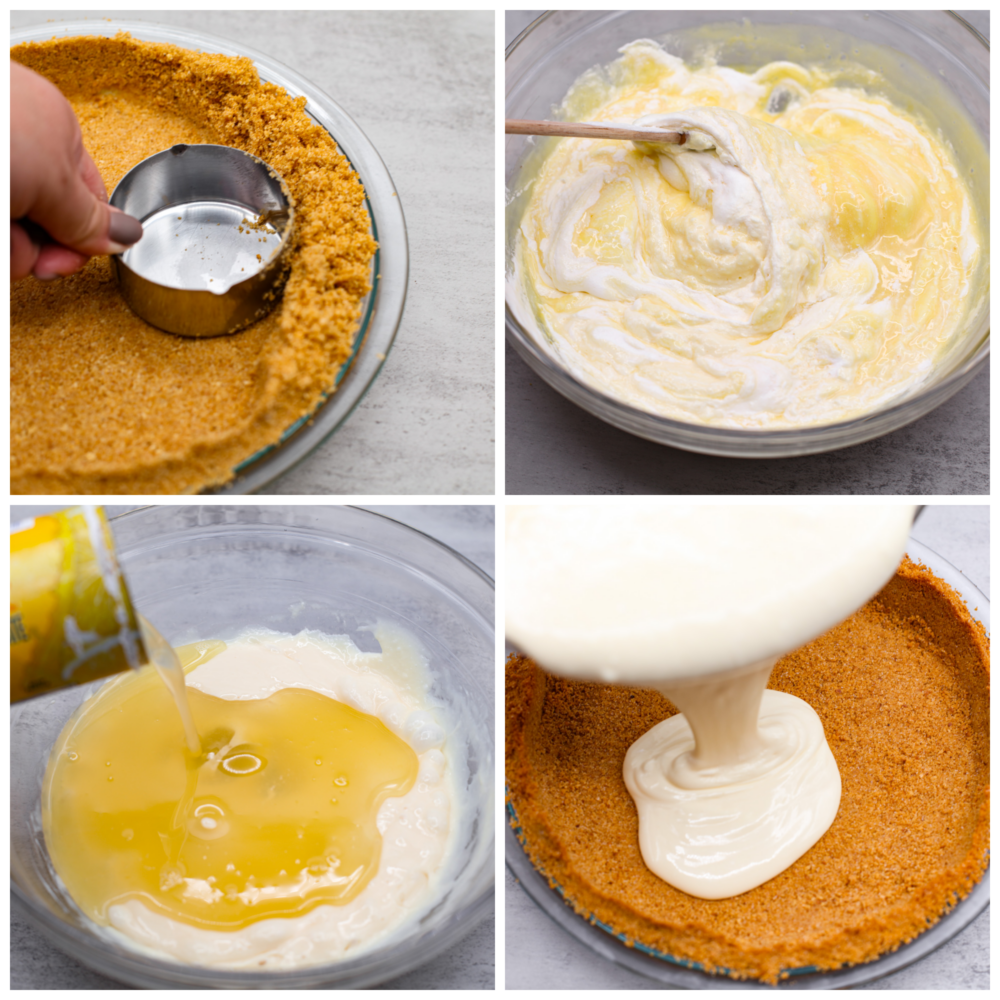 Meet your new favorite summer dessert! This lemonade pie has a buttery graham cracker crust, topped with a creamy lemonade filling thatโs the perfect balance of tangy and sweet. Itโs served chilled, so itโs great for cooling you down and satisfying your sweet tooth all at the same time. 4-photo collage of crust and filling being prepared.