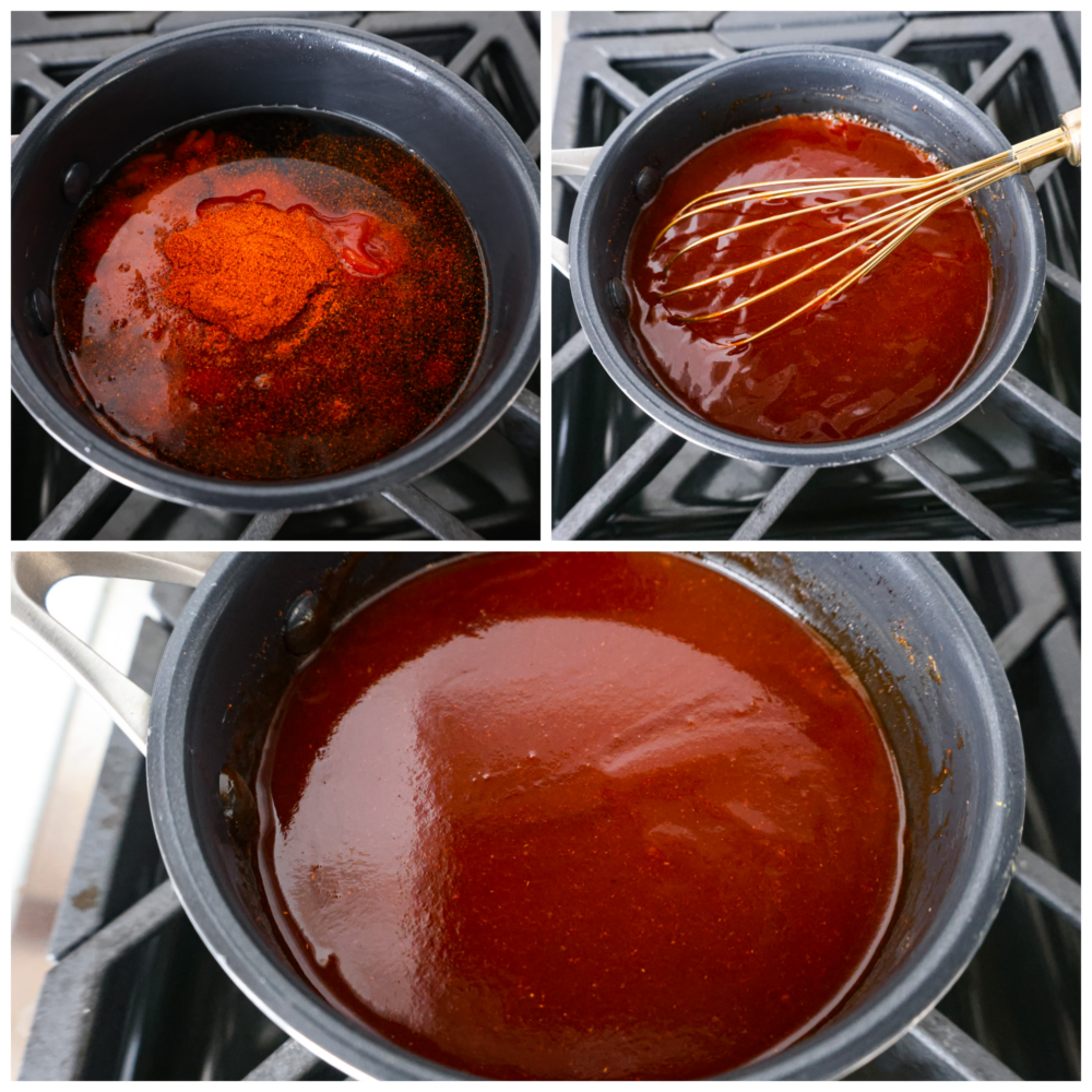 Mumbo sauce is like a dreamy combination of barbecue and sweet and sour sauce. It’s tangy and savory with a glaze-like texture that’s wonderful for coating chicken wings! 3-photo collage of sauce ingredients being combined over the stove.