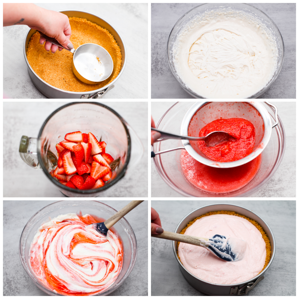 This easy and refreshing no-bake strawberry cheesecake is the perfect summer dessert! The creamy cheesecake filling is mixed with a fresh strawberry puree and nestled inside a sweet graham cracker crust. First photo of the crust being pressed into a springform pan. Second photo of the cheesecake batter mixed. Third photo of strawberries in a blender before being blended. Fourth photo of strawberry puree being strained. Fifth photo of the strawberry puree being folded into the cheesecake batter. Sixth photo of the cheesecake filling being spread into the crust.