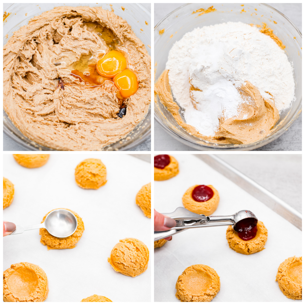 A classic flavor pairing, but in cookie form! These peanut butter and jelly cookies are extra soft and delicious, each with a strawberry jam core and peanut butter drizzle on top. 4-photo collage of cookie dough and filling being prepared.