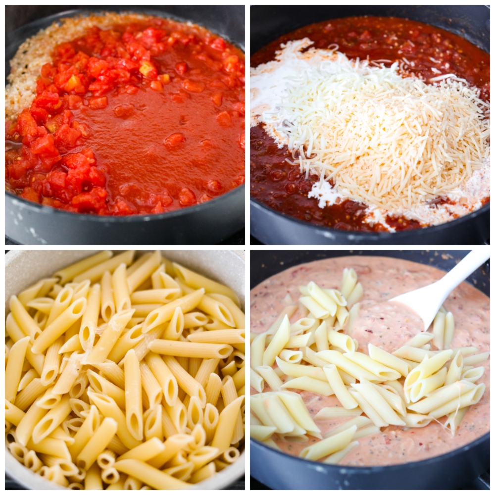 This ultra-delicious Pink Sauce Pasta recipe features penne pasta cooked al dente and tossed in a flavorful pink sauce. The dish is garnished with fresh basil and grated parmesan cheese for an extra touch of deliciousness. 4 pictures in a collages showing the steps on how to add different ingredients to the pan.