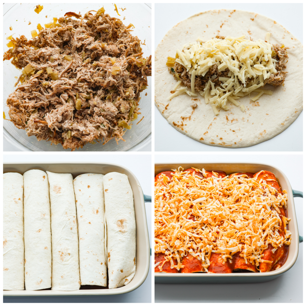 These delicious enchiladas are filled with juicy pork carnitas and smothered in melted cheese. Topped off with homemade red enchilada sauce, this is a dinner that the whole family will go crazy over. 4-photo collage of enchiladas being assembled.