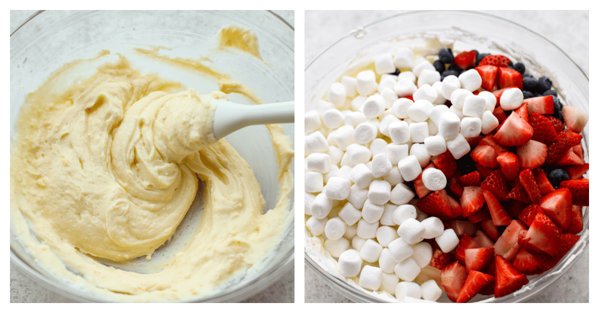 Introducing the red, white, and blue cheesecake salad, a delightful and patriotic summer fruit salad that combines the vibrant flavors of strawberries and blueberries with creamy cheesecake and fluffy marshmallows. It's super easy to throw together and a hit at every potluck! 2-photo collage of fruit salad ingredients being mixed together.