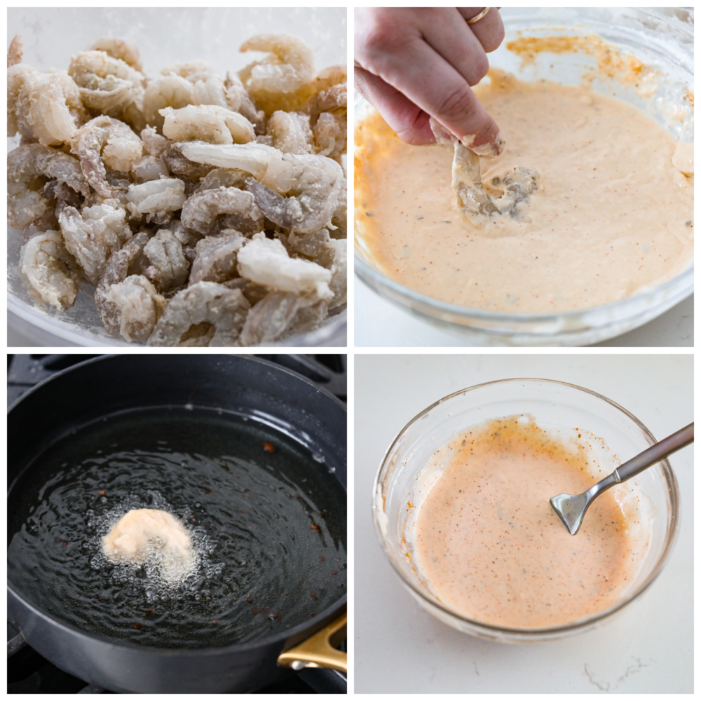 New Orlean's introduced us to the shrimp po boy sandwich and it's loaded with crispy cajun fried shrimp. This southern classic is complete with soft French bread, tomatoes, cabbage, and smothered in a zesty sauce. First photo of shrimp in a bowl. Second photo of dipping the shrimp in the batter. Third photo of shrimp frying in a pan. Fourth photo of cajun aioli mixed in a bowl.
