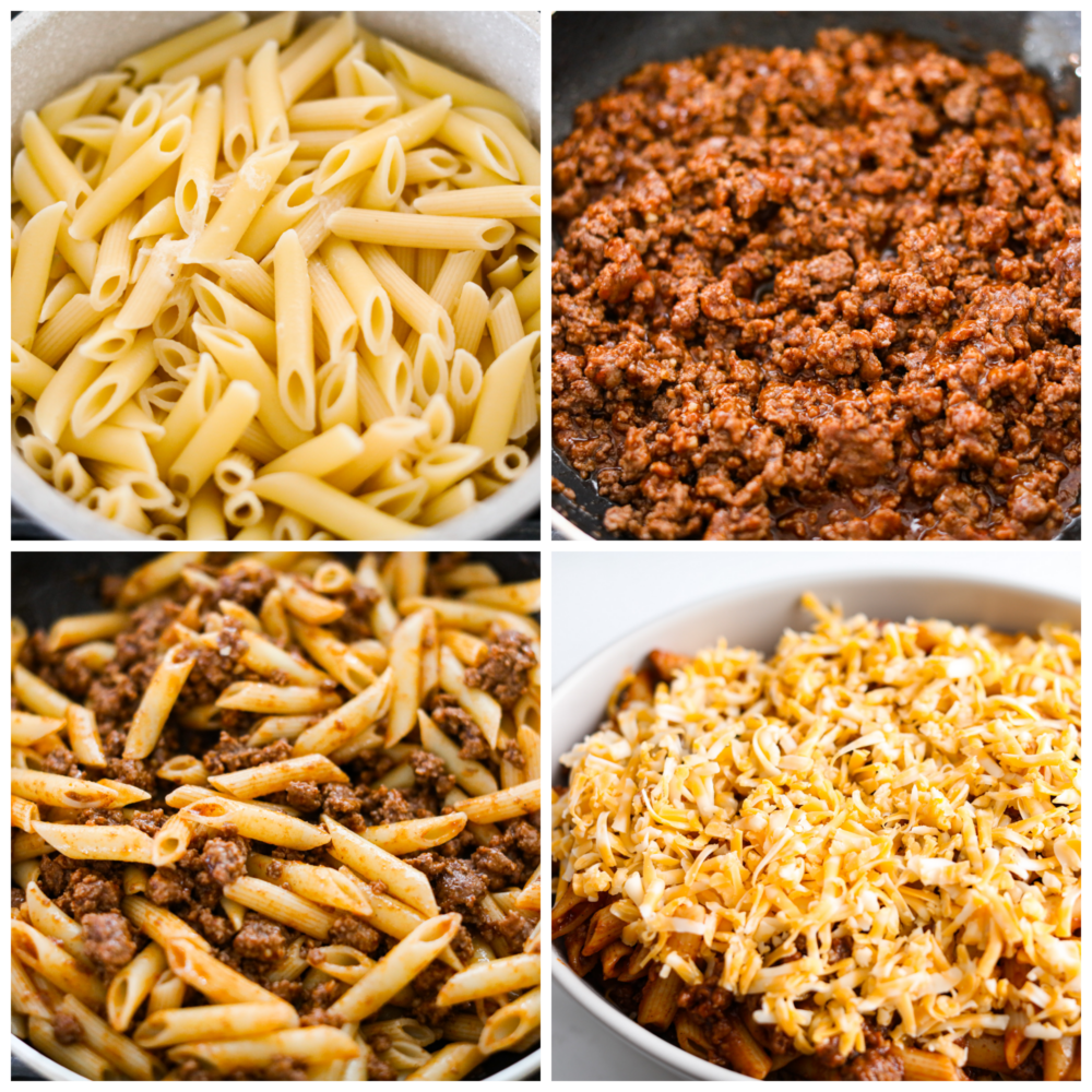 Swap out the bun for this sloppy joe casserole full of pasta and a sweet ground beef mixture. All of the meaty and delicious flavors of a sloppy joe sandwich transform into an easy weeknight meal your family will love! First process photo is a top view of cooked penne pasta. Second process photo is the sloppy jo meat and sauce in a saucepan. Third process photo is the pasta mixed in with the meat mixture. Fourth process photo is the layered casserole in a baking dish with cheese on top.