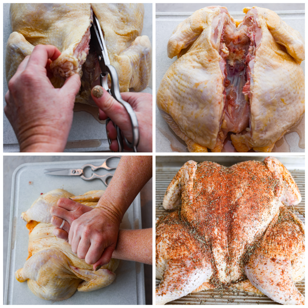 Spatchcock chicken is the secret to the most tender chicken and this method locks in all the juicy flavors. Seasoned with a delicious rub and oven-roasted to perfection this will be your new favorite way of cooking a chicken. First photo of cutting out the backbone of the chicken with kitchen shears. Second photo of the backbone of the chicken removed. Third photo of flattening out the bird. Fourth photo of the spatchcocked chicken topped with seasonings.
