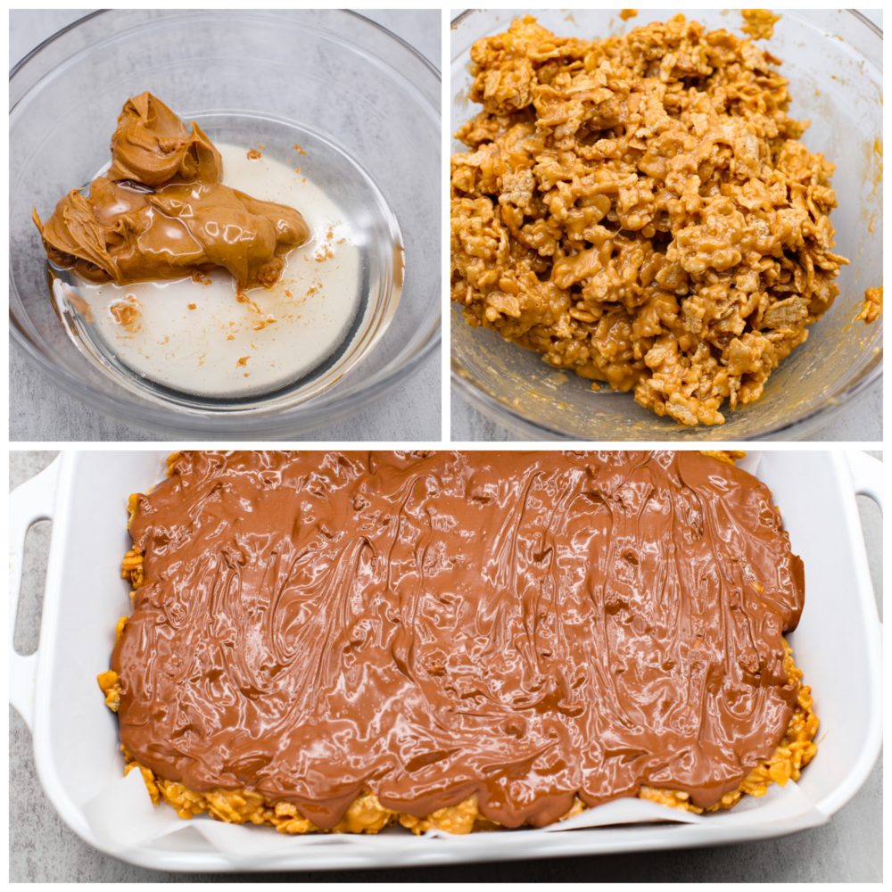 These Special K Bars are a delicious combination of smooth peanut butter, crispy Special K cereal, and a rich chocolate-butterscotch topping. This quick and easy recipe is a sweet treat that will leave you craving more. 3 pictures showing how to mix all of the ingredients together and spread them in a pan. 6
