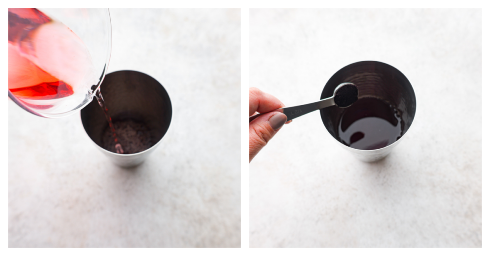 This Strawberry Acai Refresher is a refreshing drink that's sure to help you beat the heat! Whether you're lounging by the pool, hosting a summer soirรฉe, or simply in need of a tropical escape, this refresher will be your go-to beverage. a collage of 2 pictures showing how to add the ingredients to a metal drink mixer.