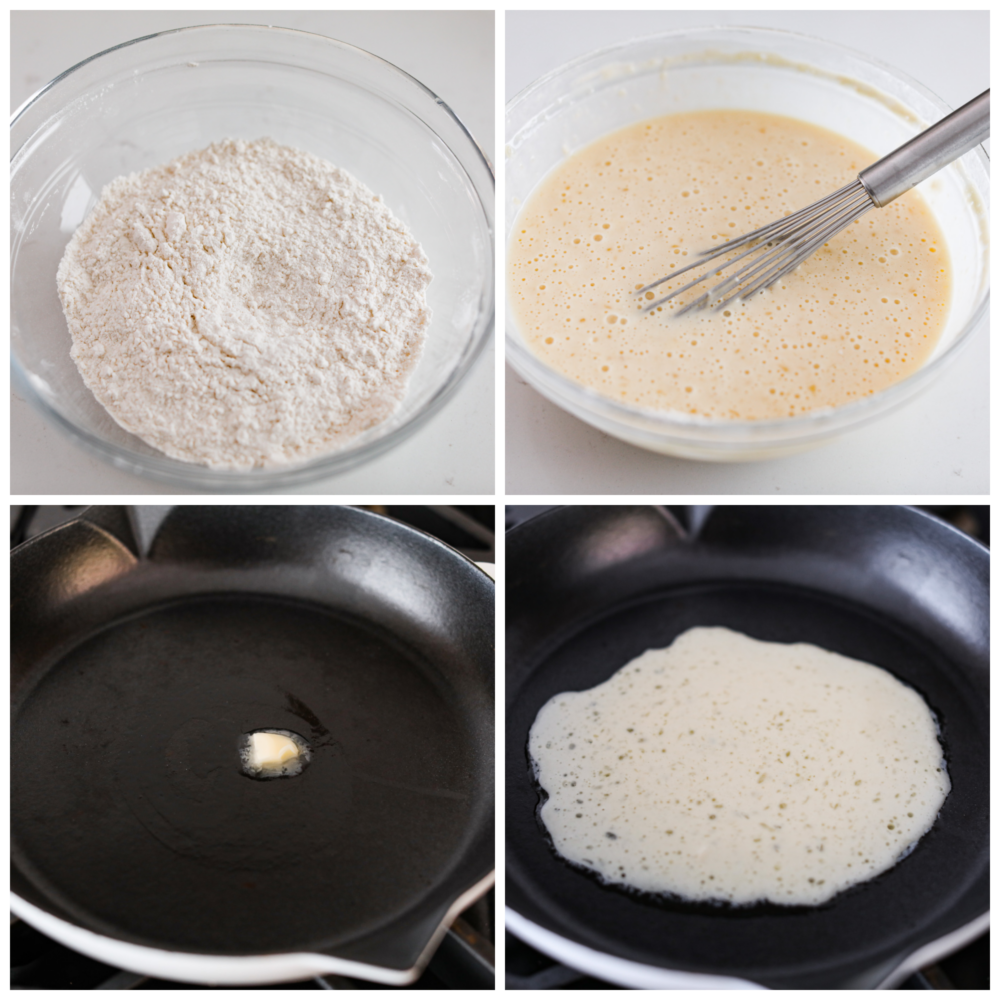 Homemade Swedish pancakes are the ultimate breakfast treat! They're soft, tender, and even better when topped with fresh whipped cream and lingonberry jam. 4-photo collage of batter being prepared.