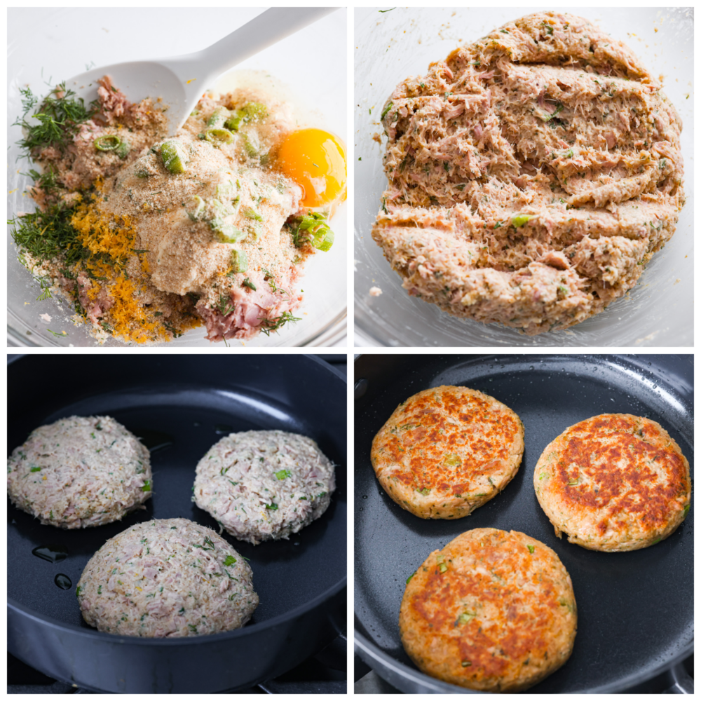 Tuna burgers are like a tasty remix of regular beef burgers, bringing a lighter and more flavorful option to the table that seafood fans can't resist. With zingy lemon, fragrant herbs, and the deliciousness of tuna, these burgers are a total mouthwatering delight that will satisfy even the biggest burger cravings. 4-photo collage of patties being shaped and cooked.