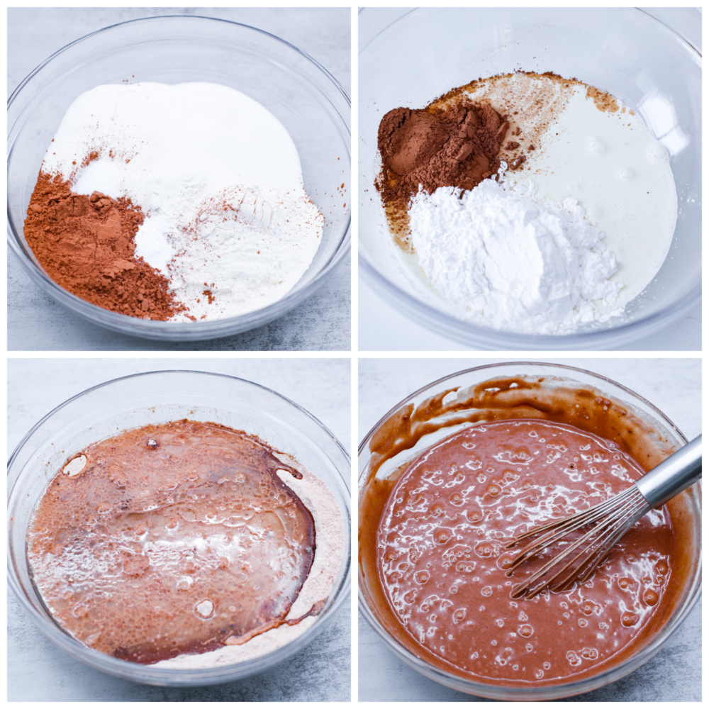 4 pictures showing how the batter and the whipped topping are mixed in clear bowls.