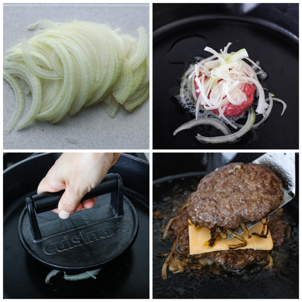 Oklahoma fried onion burgers are packed with so much flavor, thanks to each patty being stamped with heaps of sweet and savory caramelized onions! With how easy to make and delicious they are, you wonโt want burgers any other way. 4-photo collage of the burgers being prepared and cooked.