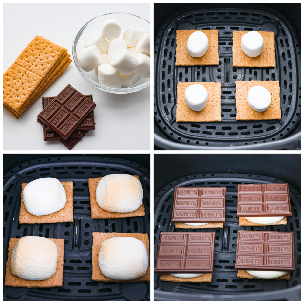S'mores made easy in the air fryer! In just 7 minutes you'll have the most ooey-gooey air fryer smores, no campfire required! It's a quick and easy recipe you'll want to make all summer long. 4-photo collage of s’mores ingredients being added to an air fryer basket.