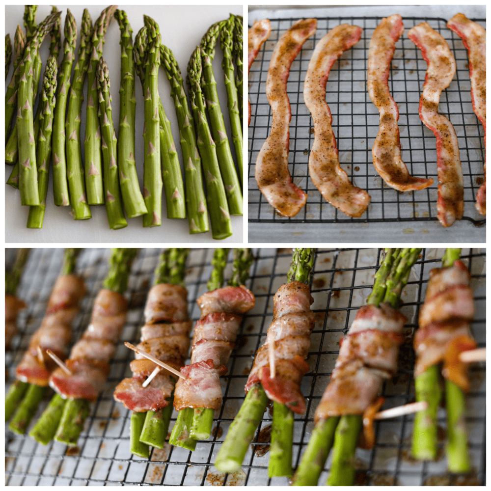 Bacon wrapped asparagus is a smoky and savory side dish that will be a staple for mealtime. Each bundle is glazed with maple syrup for caramelized flavor you wonโt be able to get enough of! 3-photo collage of asparagus being prepared and bacon being precooked.