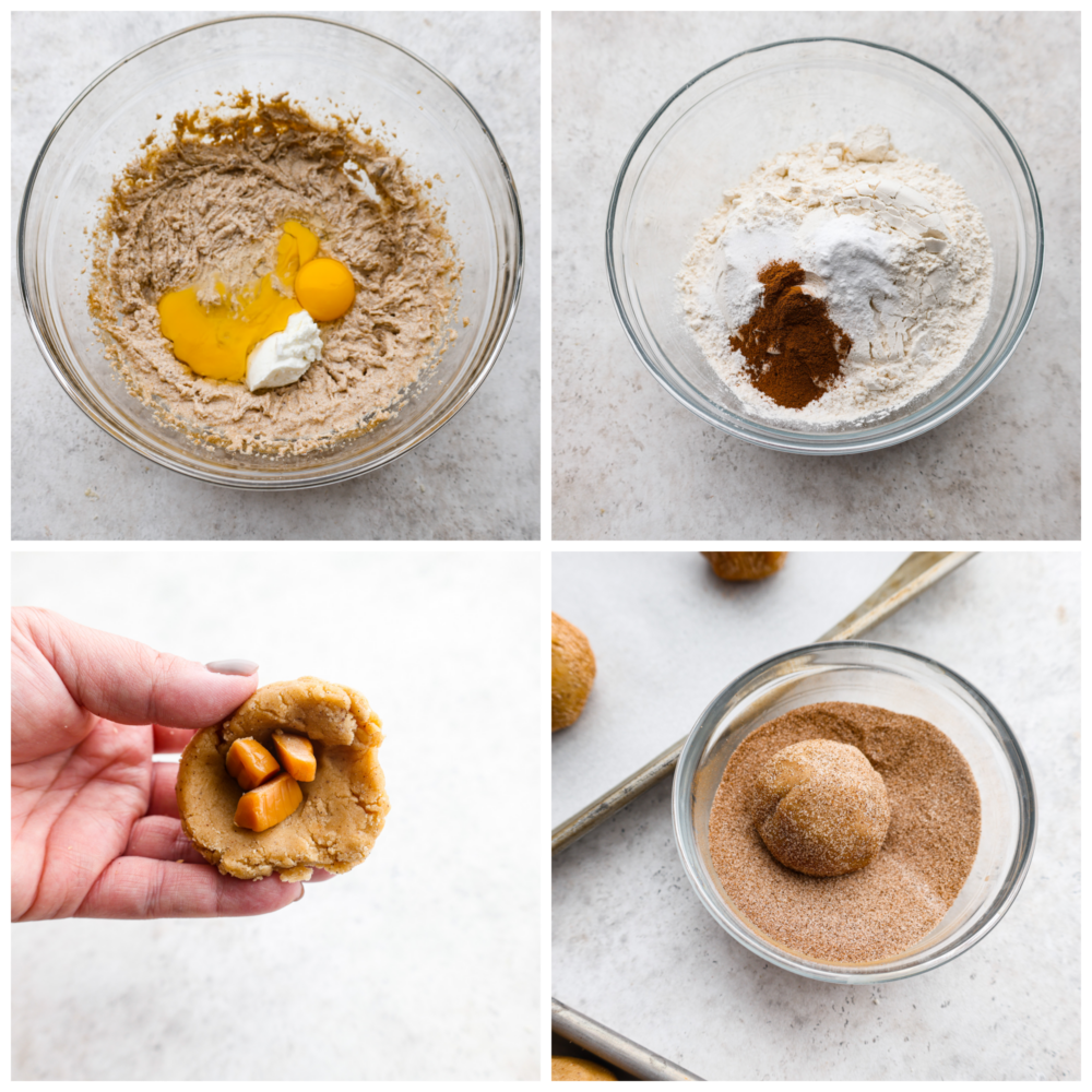 This recipe takes snickerdoodles to the next level! Made with brown butter and a salted caramel core, each bite is a sweet and nutty dream! 4-photo collage of the brown butter salted caramel snickerdoodles being prepared.