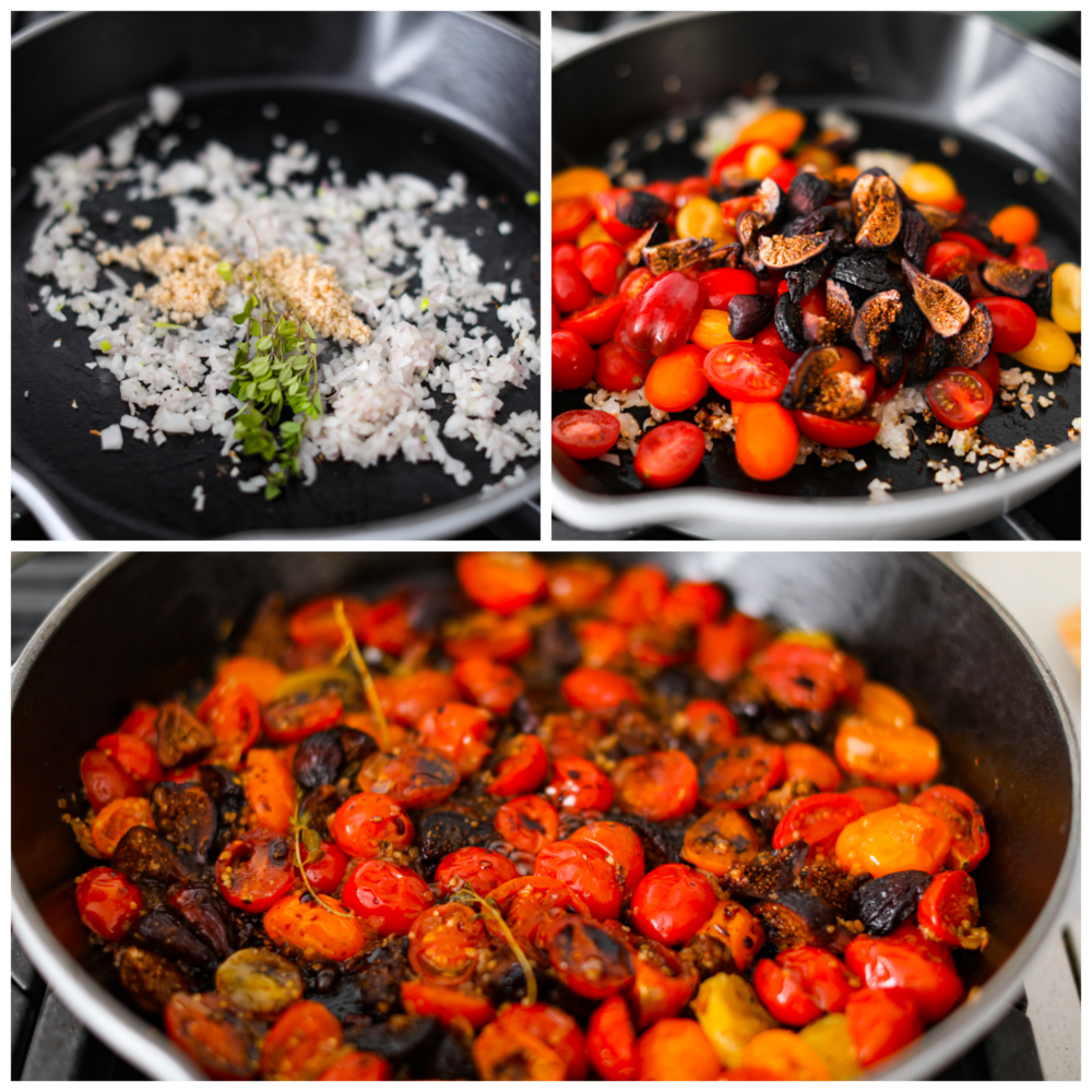 This burrata appetizer is a flavor bomb made with juicy cherry tomatoes, sweet dried figs, and a tangy balsamic kick. Topped with creamy burrata cheese, it's pure indulgence. Perfect for parties or whenever you want to treat yourself to something special! 3-photo collage of the vegetables being sauteed.