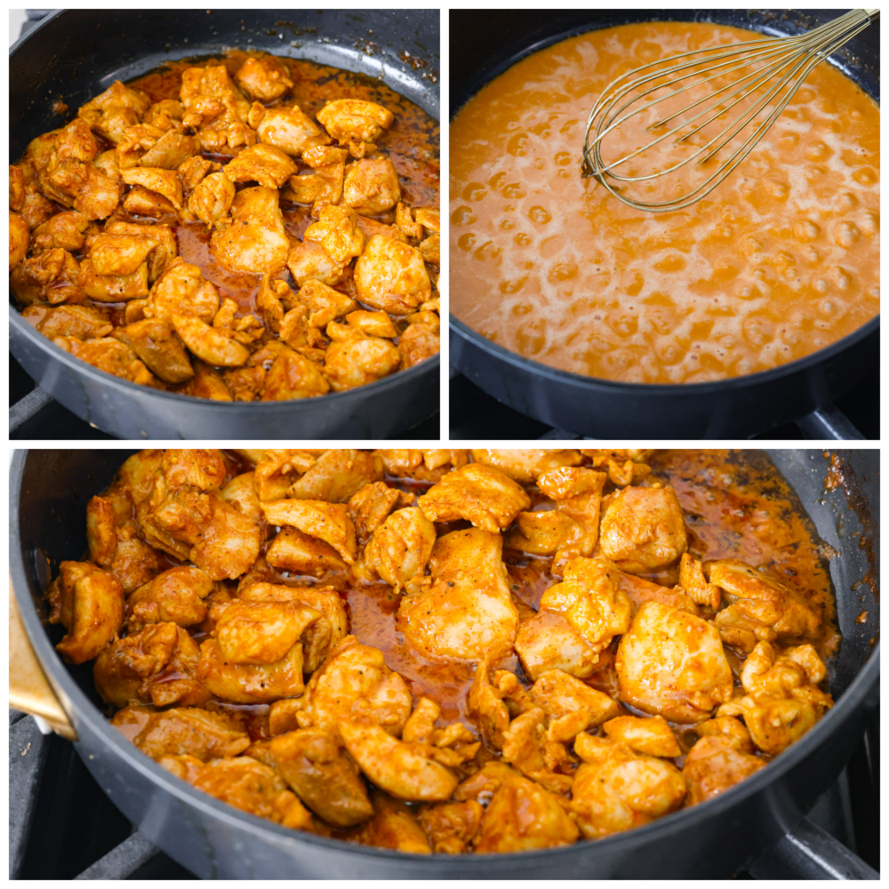 If you've never had butter chicken, you're in for a treat! This classic Indian dish takes chicken thighs and simmers them in a creamy tomato sauce packed with spices until the chicken is irresistibly tender. Serve over steamed jasmine rice with some warm naan bread! 3-photo collage of chicken being simmered a creamy tomato sauce.
