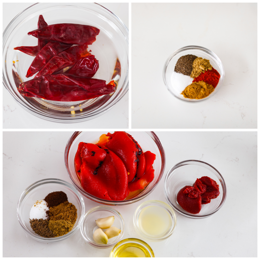 Harissa paste is a fiery and delicious condiment from North Africa that packs a punch. It combines spicy dried guajillo peppers, smoky roasted red peppers, and other tasty seasonings to create a flavor explosion that can elevate any dish! 3-photo collage of all the ingredients needed to make the sauce.