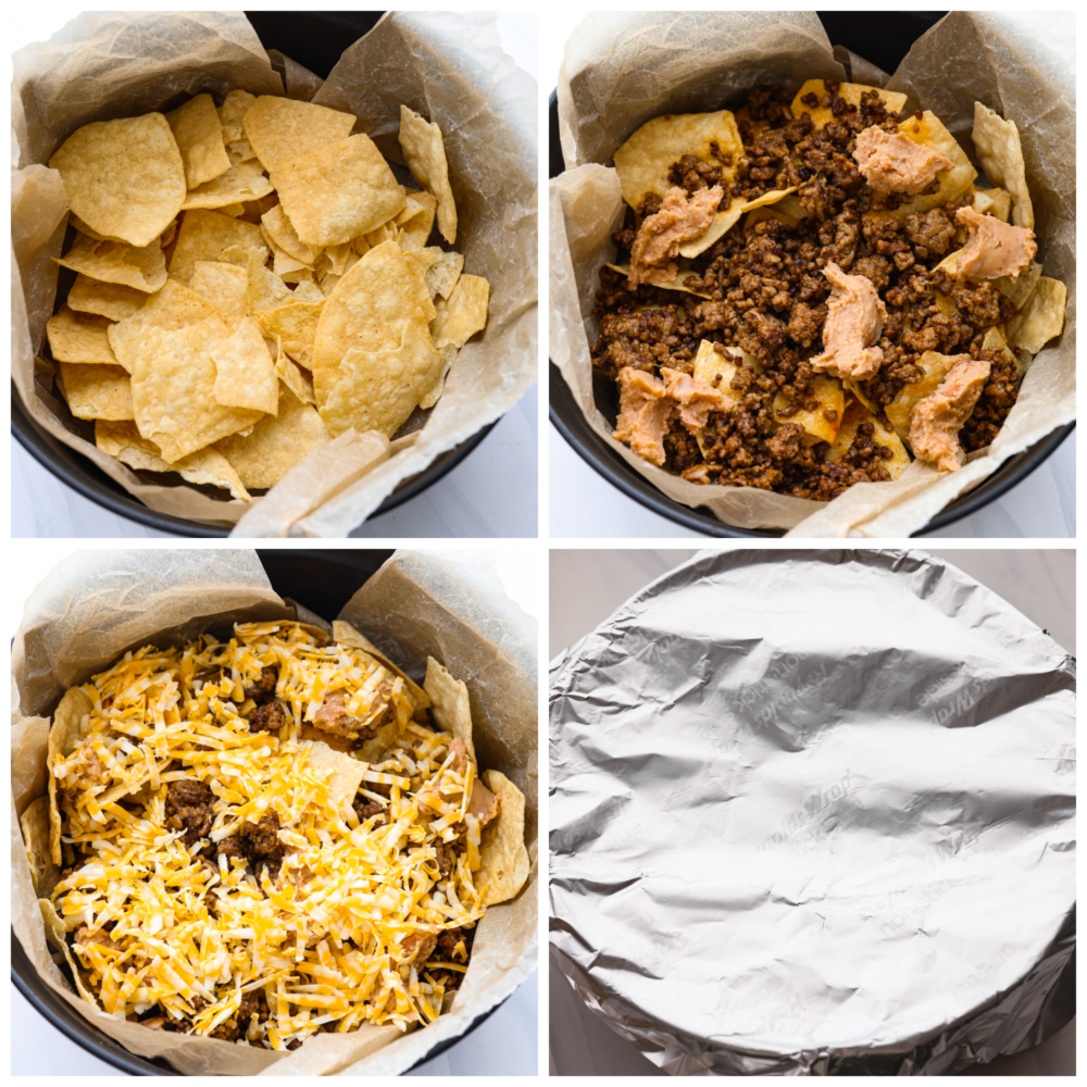 These campfire nachos are the ultimate outdoor comfort food! Packed with layers of seasoned ground beef, refried beans, and gooey cheese, these nachos are then topped with your favorite veggies and will be a new summertime favorite! 4 pictures in a collage showing how to assemble the campfire nachos.