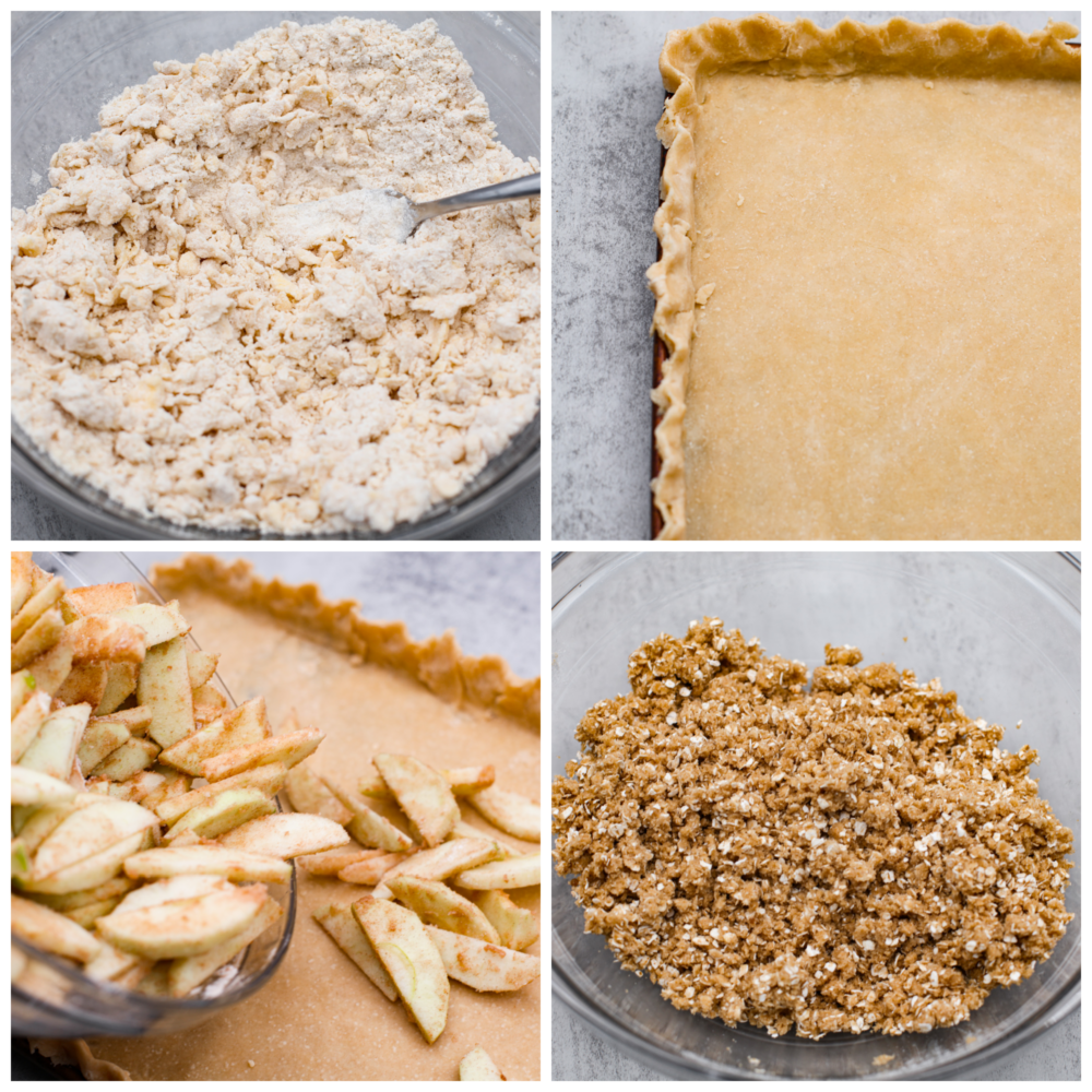 Caramel Apple Slab Pie has a thin and flaky melt-in-your-mouth crust that is topped with juicy apples and a crisp topping. It is drizzled in homemade caramel and perfect for feeding a crowd! 4 pictures showing the process of making the dough and adding it to the baking sheet with the apples.