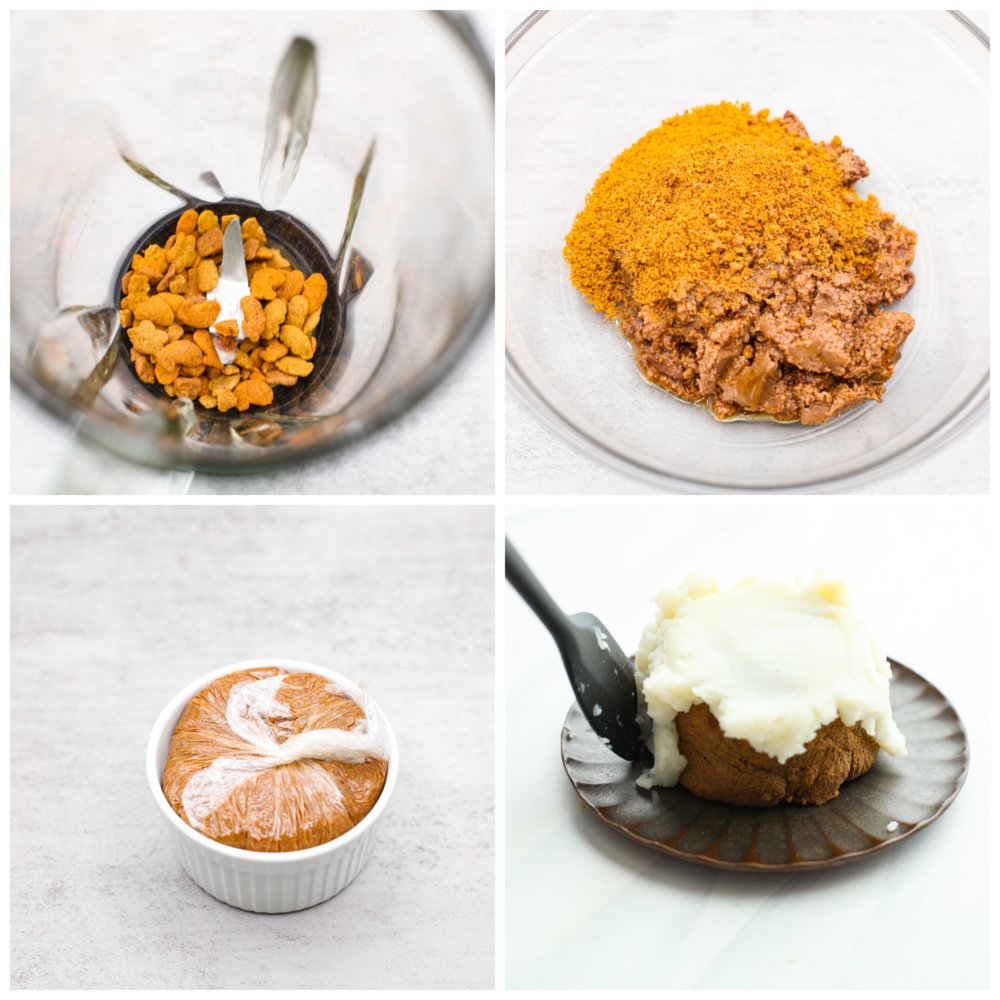 Treat your felines to this cat birthday cake made with pate, catnip, and a mashed potato "frosting!" It's easy to make and customizable, so even your pickiest kitties will love it! 4-photo collage of cake filling being prepared and frosted with mashed potato frosting.